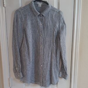 Artisan Ny Navy & White Asymetrical Striped Button-Down LINEN Shirt